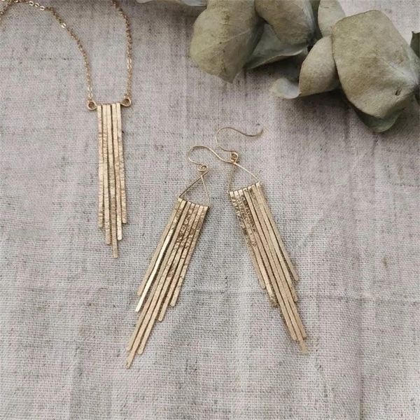 Gold fringe necklace and earrings — handcrafted in Colorado